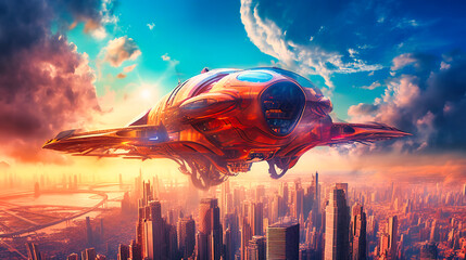 An extraordinary image of a solar-powered flying car above a city, illustrating the future of eco-friendly, advanced personal transportation