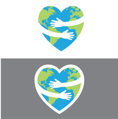 I love the planet earth, a heart with a big hug and a map of the earth, a symbol of the day of the planet and the hug day.