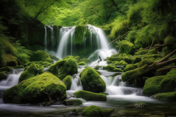 Fototapeta na wymiar Waterfall cascades in a green forest, AI Generative
