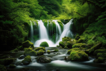 Naklejka na ściany i meble Waterfall cascades in a green forest, AI Generative