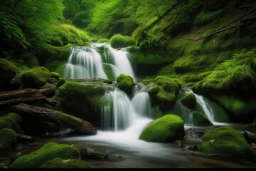 Naklejka na ściany i meble Waterfall cascades in a green forest, AI Generative