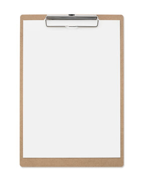 Mockup of wooden clipboard with blank paper isolated in transparent PNG, isolated design element