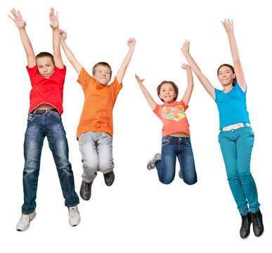 Happy jumping diverse kids isolated on white background