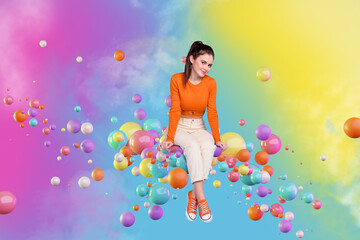 Obraz na płótnie Canvas Composite collage image of positive cheerful girl sit colorful flying bubbles isolated on drawing background