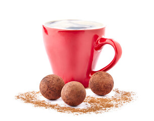 Chocolate cocoa truffles candy sweets with  coffee cup isolated on white background. Red coffee cup with cady.