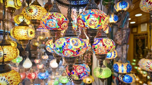 View of multiple turkish national lamps for sale at the Grand Bazaar in Istanbul, Turkey