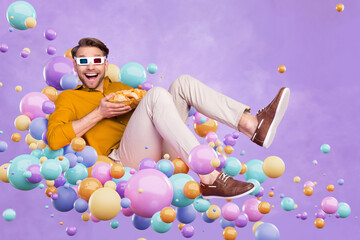 Collage portrait of astonished overjoyed guy floating colorful bubbles hold chops bowl watch movie 3d glasses isolated on purple background