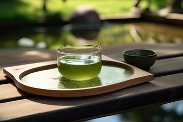 Japanese green tea in Zen garden. Generative AI