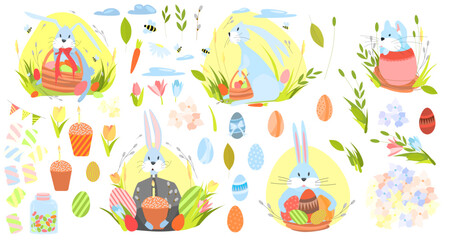 Fototapeta premium set of vector elements on the theme of Easter with Easter eggs and rabbits, flowers, bees, clouds and tulips, with marshmallows, with chocolate eggs, with willow branches