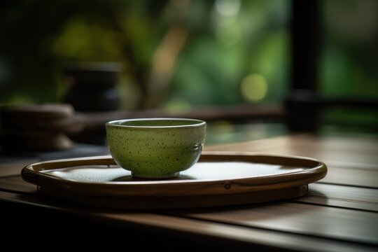 Japanese green tea in Zen garden. Generative AI