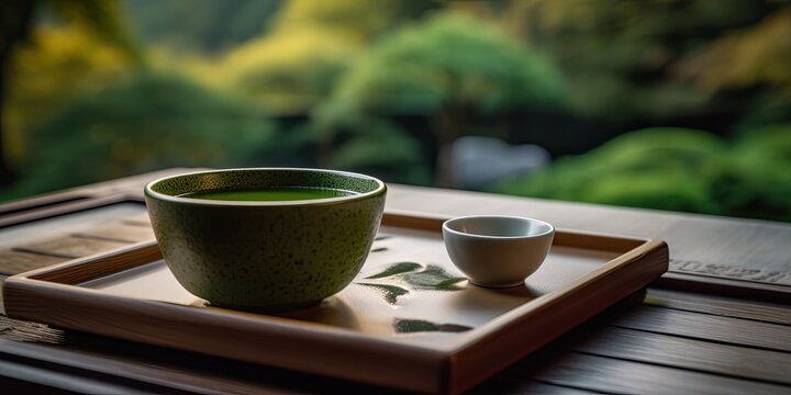 Japanese green tea in Zen garden. Generative AI