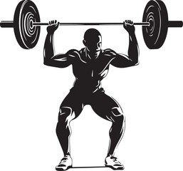 Bodybuilder male with barbell silhouette, fitness gym graphics isolated on white background vector illustration
