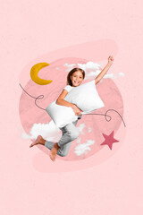 Creative 3d photo artwork graphics collage painting of happy smiling small kid jumping sky holding pillow isolated drawing background