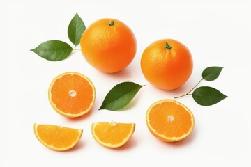 Group of slices, whole of fresh orange fruits isolated on white background, Generative AI.