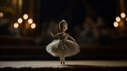 A ballerina doll with a tutu made of delicate tulle, ballet slippers, and a tiara, gracefully pirouetting on a stage with a velvet curtain in the background. Generative AI