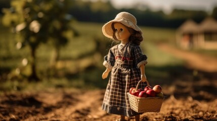 A country girl doll with a checkered dress, a straw hat, and a basket of freshly picked apples, standing in a sunny field with a farmhouse in the distance. Generative AI