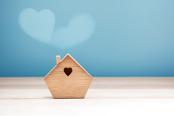 Obraz na płótnie Canvas Miniature model of a wooden house with hearts, real estate concept. Generative AI.