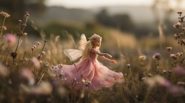 A fairy princess doll with a sparkly pink dress, flowing golden hair, and delicate wings fluttering behind her as she takes flight in a meadow full of wildflowers. Generative AI