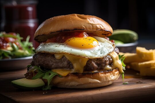 close up yummy fried egg cheese burger with meat, Generative Ai