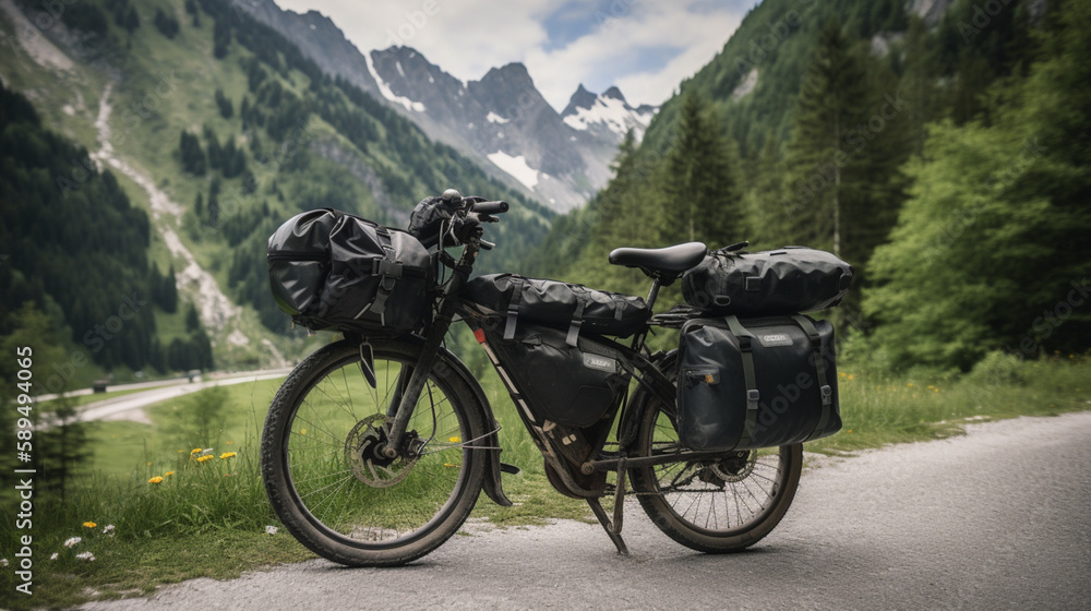 Poster A touring bike ready for a long road trip Generative AI