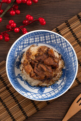 Migao, tube rice cake, rice pudding in a bowl, delicious Taiwanese street food.