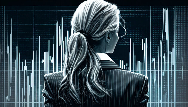 Frauenquote , Führungsposition im Management, Frau vor einem Chart zur Analyse, Generative AI