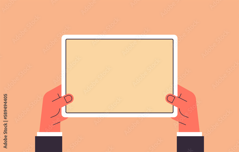 Aufkleber hand holding tablet computer with blank screen and using digital tablet pc screen view flat illustra