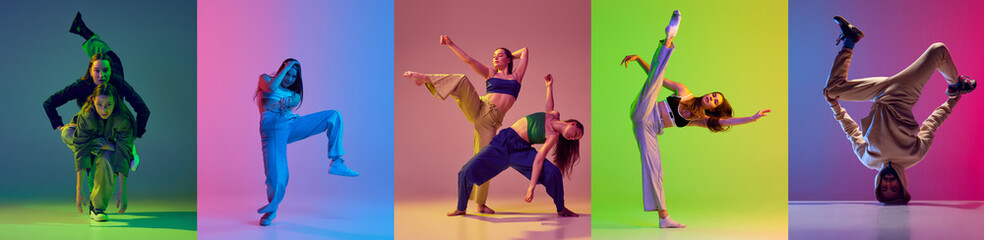 Set of images of young active people, men and women dancing contemporary dance, hip-hop against...