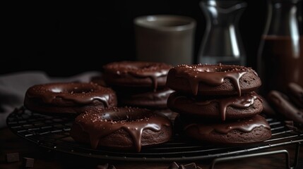 close up homemade dark chocolate donuts on tray, Generative Ai