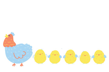 Chickens flat vector illustration. Multicolor chicks, hens cartoon isolated design elements with outline. bird breeding. Poultry farm, animal husbandry. Doodle Set of birds for Easter