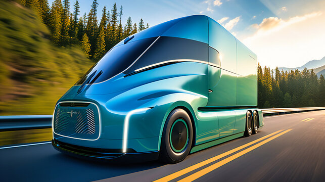 An engaging image of a futuristic electric cargo truck, showcasing its sleek design and commitment to clean energy