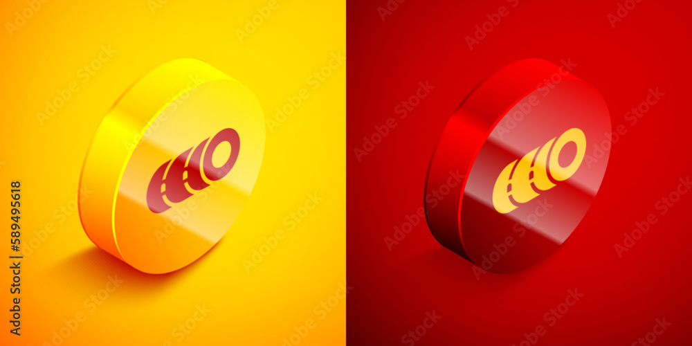 Poster isometric blanket roll icon isolated on orange and red background. camping roll mat. circle button. 