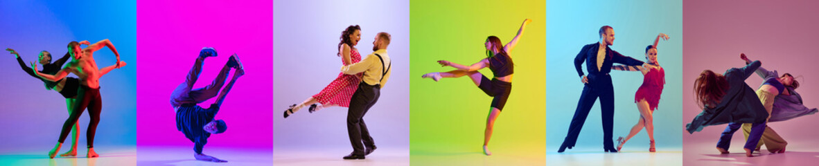 Mix of retro and modern dance styles. Set of images of young people dancing against multicolored background in neon light. Concept of art, hobby, fashion, movement, choreography, youth. Collage