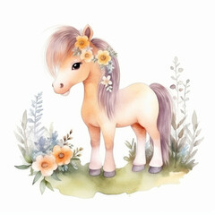 Obraz na płótnie Canvas Cute watercolor pony Illustration AI Generative.