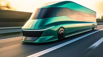 Obraz premium A futuristic electric cargo truck on the highway, showcasing the future of sustainable transportation