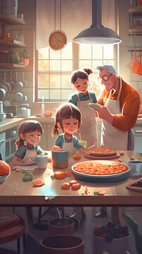 Mom dad and daughters together make apply pie in kitchen. Family gather together to prepare food, happily family, generative ai