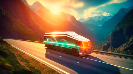 Obraz na płótnie Canvas A futuristic electric cargo truck on the highway, surrounded by a breathtaking mountain landscape