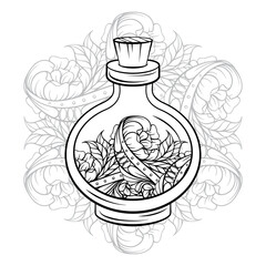 Bottle with magic potion. Black and white vector graphic. Antistress coloring page.