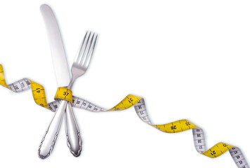 knife and fork wrapped in tape measure, diet, weight loss and fasting