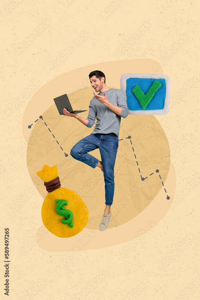 Poster vertical collage picture of mini positive guy use netbook money sack check mark icon isolated on bei