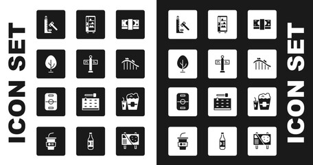 Set Stacks paper money cash, Road traffic signpost, Tree, Striker attraction with hammer, Roller coaster, Vending machine, Popcorn box and glass and Hockey table icon. Vector