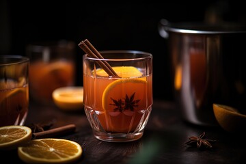 close up spice and fruit drink, glass of infused water of orange with cinnamon and star anise infused tea, Generative Ai