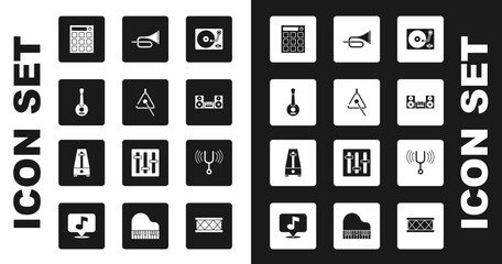 Set Vinyl player with vinyl disk, Triangle, Banjo, Drum machine, Home stereo, Trumpet, Musical tuning fork and Metronome pendulum icon. Vector