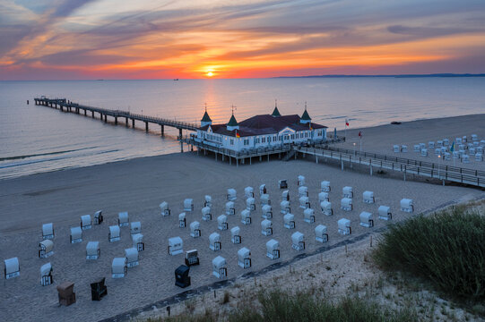 Pier and beach chairs on the beach of Ahlbeck, Usedom Island, Baltic Sea, Mecklenburg-Western Pomerania, Germany