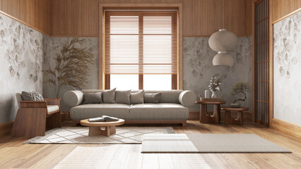 Japandi living room with wallpaper and wooden walls in white and beige tones. Parquet floor, fabric sofa, carpets and decors. Japanese interior design