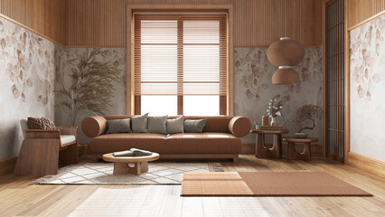 Japandi living room with wallpaper and wooden walls in orange and beige tones. Parquet floor, fabric sofa, carpets and decors. Japanese interior design