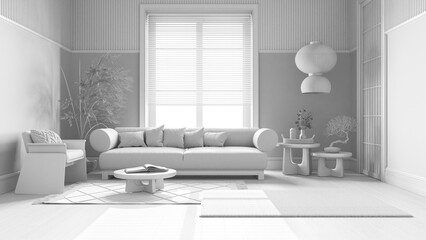 Total white project draft, japandi living room with wooden walls. Parquet floor, fabric sofa, carpets and decors. Japanese interior design