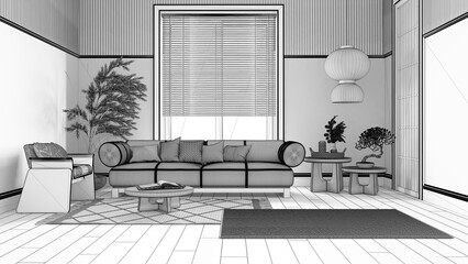 Blueprint unfinished project draft, japandi living room with wooden walls. Parquet floor, fabric sofa, carpets and decors. Japanese interior design