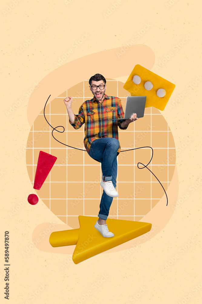 Poster Vertical collage picture of excited mini guy stand big arrow cursor pointer raise fist use netbook receive comment message exclamation mark