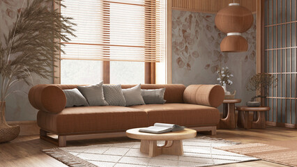 Japanese living room with wallpaper and wooden walls in orange and beige tones. Parquet floor, fabric sofa, carpets and decors. Minimal modern interior design